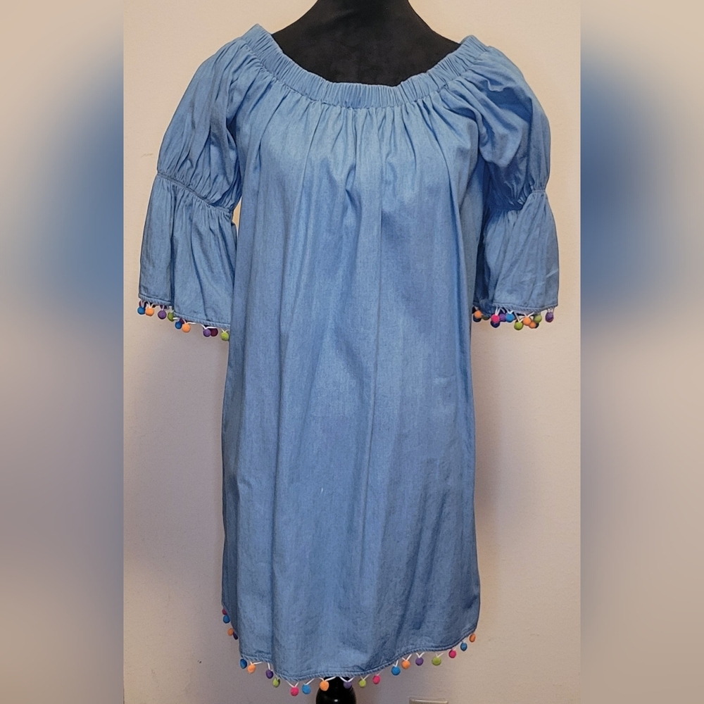 Ina Blue Blouse with Colorful Pom-Pom Trim